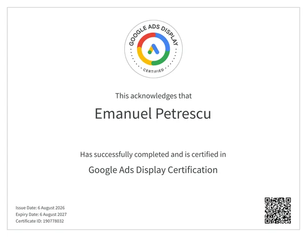 Google Ads Display Certification awarded to Emanuel Petrescu